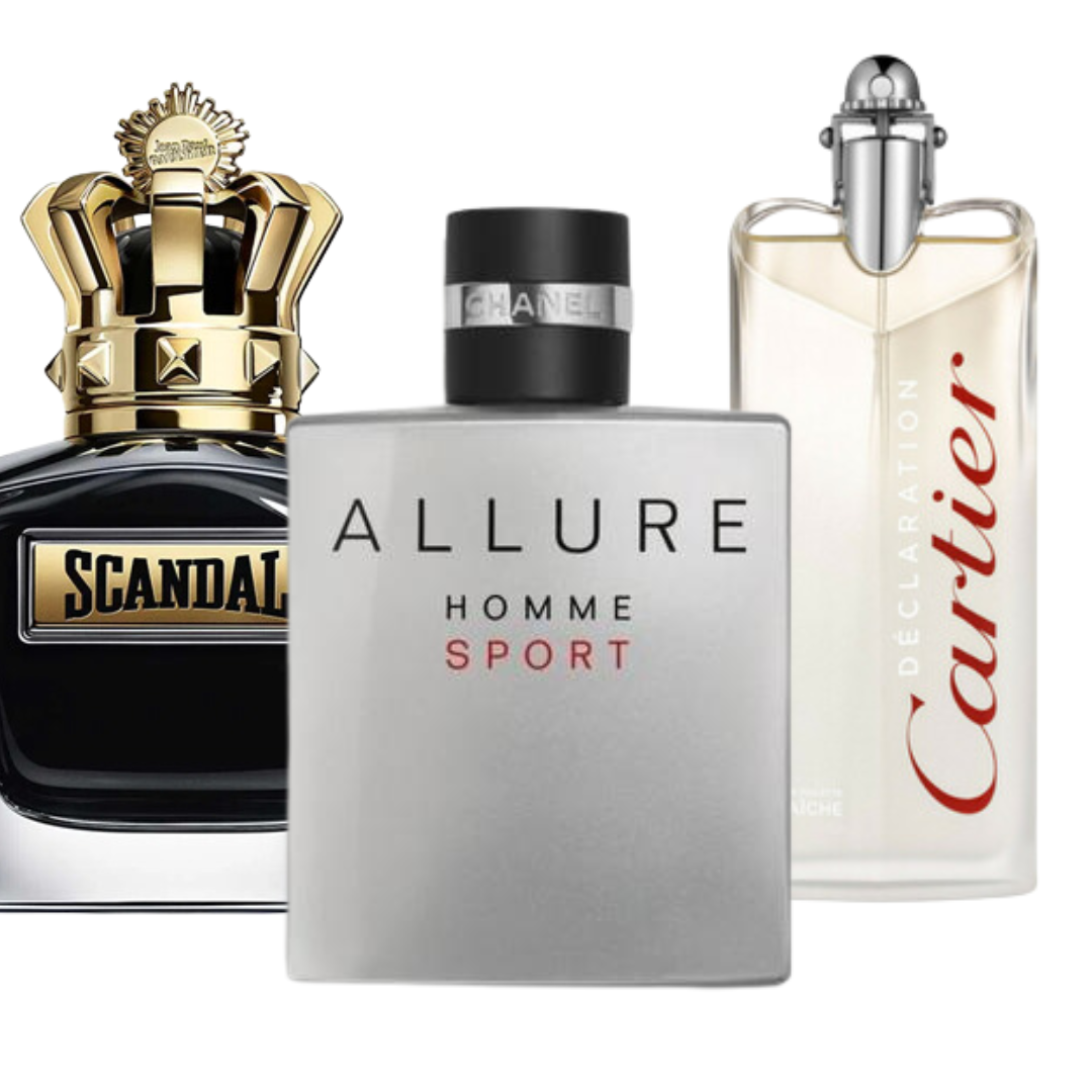 Combo promozionale di 3 profumi Allure Homme Sports, Jean Paul Gaultier Scandal, y Cartier Declaration 100ml