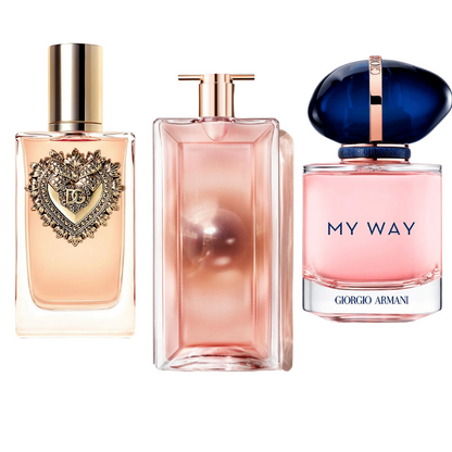 Combo promozionale di 3 profumi Dolce & Gabanna Devotion, My Way Giorgi Armani, y Lancôme Idôle 100ml